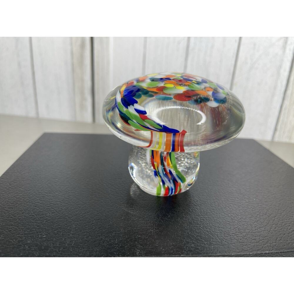 Art Glass Sculpture Paperweight Mini MUSHROOM Colorful Rainbow Murano Style